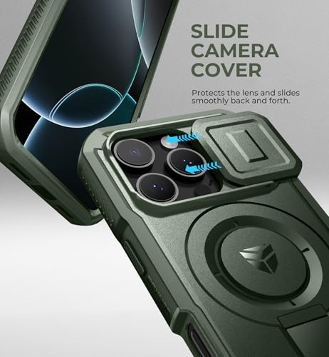 Image of Dexnor for iPhone 16 Pro Case with Slide Camera Cover&Adjustable Kickstand & Built-in Screen Protector,Compatible Wireless Charging Shockproof Cases Heavy-Duty Magnetic Protective Cover,Army Green