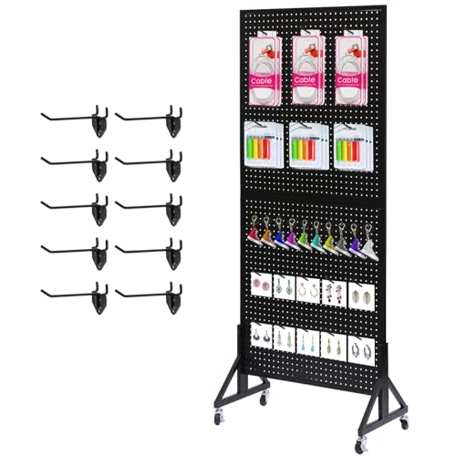 Eastern Tree 2.5'x 6' Metal Pegboard Display Stand with Sturdy Base, Black Pegboard Panels Display with Casters, Craft Show Display Rack, Art Display Stand, Retail Display, Extra 10 pieces Hooks