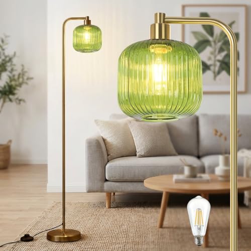 IRONDELIC LED Stehlampe Wohnzimmer Gold, Stehlampe Vintage mit Grünem Glasschirm, 170cm Hohe Stehleuchte (φ20cm), Moderne Stehlampen mit Fußschalter, Industrial Floor Lamp für Schlafzimmer & Büro