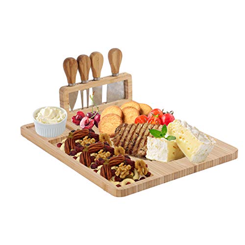 YCOCO Bamboo Cutting Platter Cheese BoardCharcuterie Platter Serving Meat Board with 4 Stainless Steel Knife and Serving UtensilsServing Tray for WineCrackersBrieFruitsBread and Meat