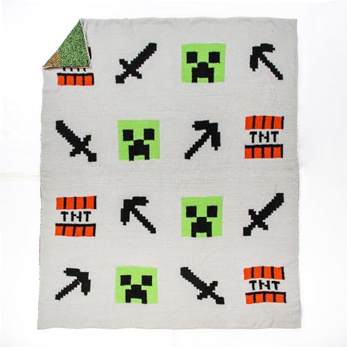 Image of Jay Franco Minecraft Feather Knit Fluffy Throw Blanket - Creeper and Weapons Fuzzy Blanket Measures 50 x 60 Inch, Super Soft Lightweight Gamer Bedding