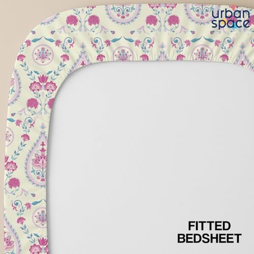 Image of Urban Space Serene 200 TC 100% Cotton Floral Elastic Fitted Bedsheets King Size With 2 Pillow Covers, King Size Bedsheet (Persian-Courtyard Pink, Size 72 X 78 Inches)