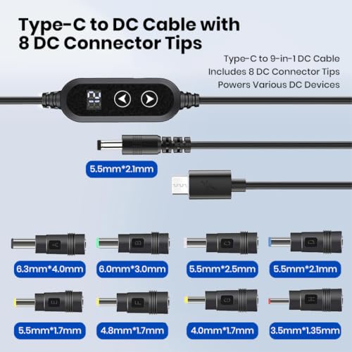 Image of Verilux PD 65W Type C to DC Power Cord with 8 Connectors, 5V-20V Five-Speed Adjustable Power Design with Digital Display & Dual-Button, USB C to DC Converter for Laptops, Routers, Home Appliances