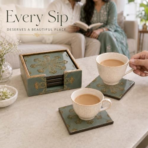 Image of The Earth Store Premium Emerald Heritage Wooden Coaster Set of 6 with Matching Holder - Engineered Wood with Resin Art Wooden Coaster | Tea Coaster Set of 6 | Square Coaster Set for Dining Table