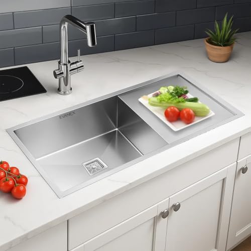 Image of EVANEX Kitchen Sink with Drain Board | 45x20x10 Inch Single Bowl Handmade Sink for Kitchen | 304-Grade Stainless Steel Sink with Matte Finish Including Coupling, Waste Pipe & Drain Basket