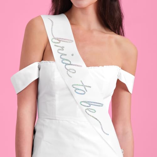 xo Fetti White Satin Bride to Be Sash Iridescent Foil | Bachelorette Wearable Bridal Shower Accessory Bridesmaid Gift Bach Party Decoration Engagement Party Supplies