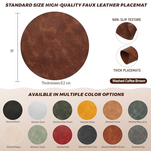 Image of UnivoColors Placemats Round Faux Leather Placemats Set of 6-Waterproof-Wipe Clean-Heat Resistant-Anti Slip Dining Table Place Mats,Suitable for Indoor & Outdoor Use,15 inch.Retro Coffee Brown