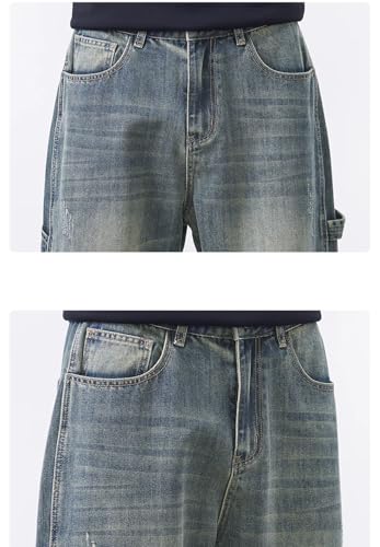 Men Straight Cargo Jeans Splicing Casual Vintage Pants Large Pocket Denim Trousers4