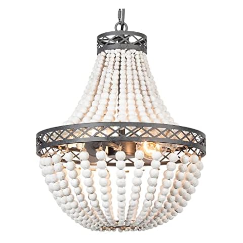 FIRVRE Bohemian Bohemian Wooden Beads Natural Ceiling Light E27 Loft French Country Antique Ceiling Light Ceiling Light for Room Kitchen Island Dining Room Living (White-1) Cover