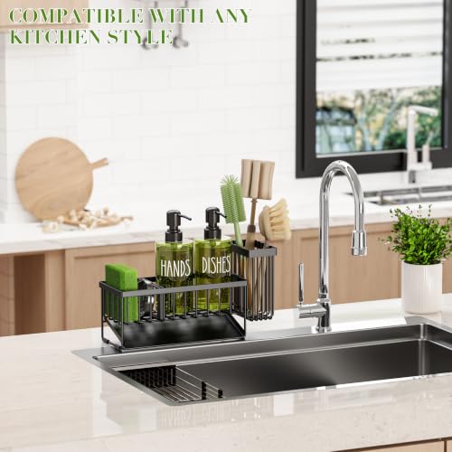 Image of MASADI Kitchen Dish Soap Dispenser Set with Sponge Holder, 12OZ Glass Bottle, Hand and Dish Soap Dispenser Set, Non-Slip Silicone Pad, Brush Holder, Kitchen Sink Organizer Countertop (Black+Green)