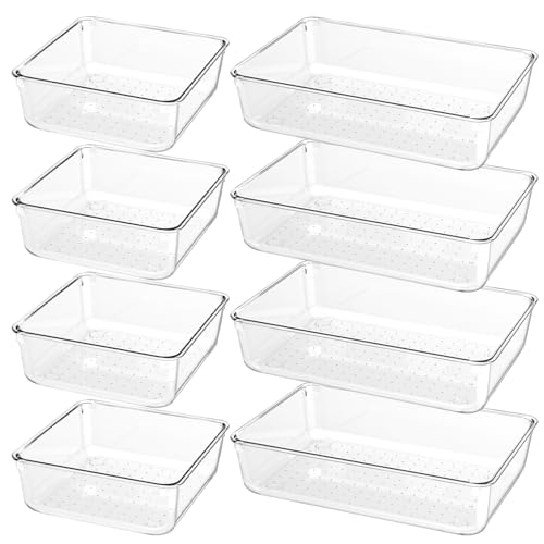 8 Piezas Organizador Cajones Cocina Baño Transparente, 23cm con 2 Tamaños Organizadores de Cajones Plastico Grande, Cajas Organizadoras Baño para Cubiertos, Maquillaje, Tocador, Escritorio Cajones