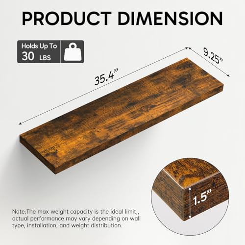 Image of BAYKA Floating Shelves, 35.4 inches Long Wall Mounted Rustic Wood Shelves for Bathroom, Bedroom, Living Room, Kitchen, Office, Hanging Shelf for Books /Storage /Decor(Rustic Brown,Set of 2)