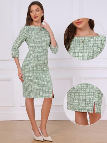 Image of Allegra K Tweed Dress for Women's Boat Neck 3 /4 Sleeve Elegant Work Pencil Sheath Dress
