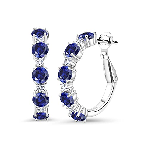 Gem Stone King 925 Sterling Silver Gemstone Birthstone and White Moissanite Hoop Earrings for Women | Round Cut 4MM and 1.9MM Stones | 1 Inch Diameter Hoops | Fine Jewelry for Her Mom Wife Women