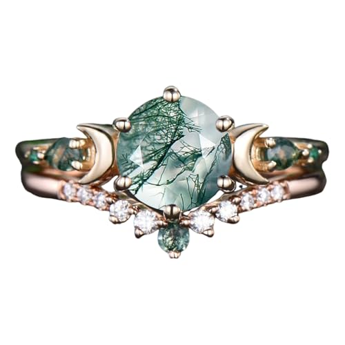 10K 14K 18K Rose Gold 2CT Natural Moss Agate Engagement Ring Set for Women 925 Sterling Silver Genuine Round Green Moss Agate Leaf Art Deco Bridal Wedding Ring Set (Size 4-15)