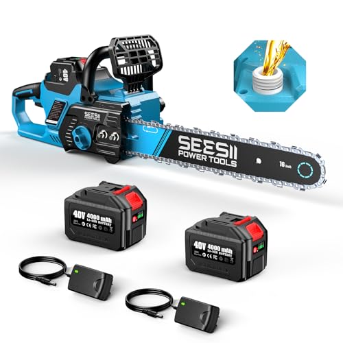 SEESII 40V 16-Inch Cordless Chainsaw: Brushless Electric Chain Saws with 2×4.0Ah Batteries & Charger