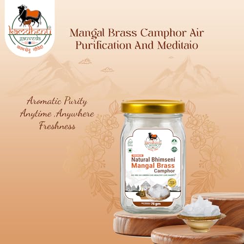 Image of Lab Tested Natural Bhimseni Mangal Brass Camphor | 100% Pure Organic Solid Kapoor for Electric Diffuser, Pooja, Havan, Aarti, Aromatherapy | Premium Glass Jar (75gm Pack of 1)