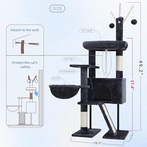 Image of Gitelsnour Cat Tree Tower for Indoor Cats, Top Platform with Toy, GCT006SG | 49.2 inch Cat Condo House, Sturdy Base, Scratching Post & Board, 3 Balls, Hanging Basket, Small Cats and Kittens, Drak Gray
