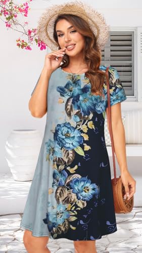 Image of Womens Summer Dresses Beach Casual Loose Tshirt Floral Short Sleeve Flowy Pockets Sundresses 2026