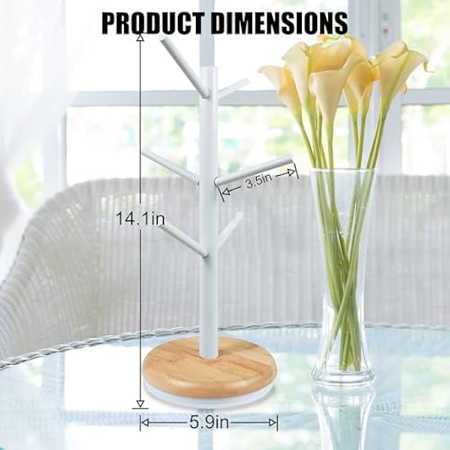 Coffee Mug Holder Tree (White), 360¡ã Rotated Coffee Cup Holder for Counter, Wood Coffee Mug Tree with 6 Hooks, Coffee Mug Organizer Station, Mug Stand Coffee Bar Accessories