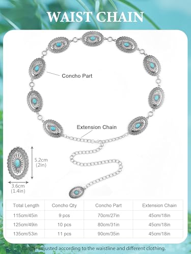 Image of FIORETTO Western Waist Chain Belt Metal Concho Belt for Women Cowgirl Cowboy Boho Country Belt for Dress Jean