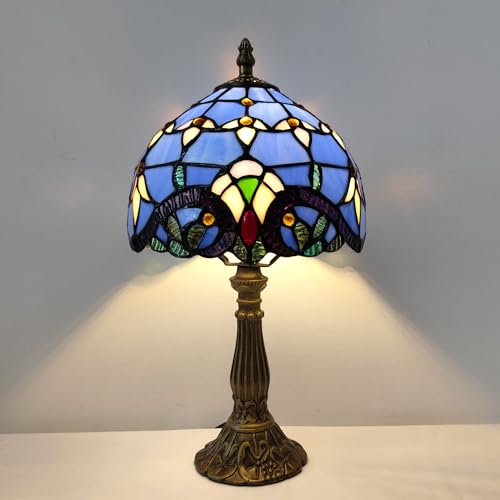Image of Tiffany Table Lamp 3-Way Light Handmade Bedside Lamp Small Desk Night Lamp Stained Glass Antique 15inch Tall Desk Light for Home Office Bedroom Living Room Study Room, Blue