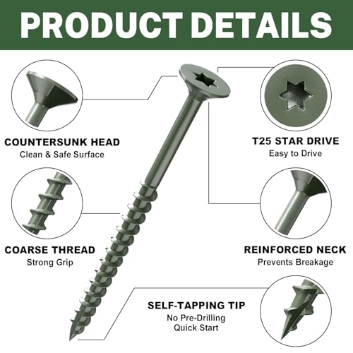 Image of LIONMAX Deck Screws 3 Inch, Wood Screws #10 x 3, 100 PCS, Rust Resistant, Exterior Epoxy Coated, Outdoor Decking Screws, Torx /Star Drive Head Screw, T25 Star Bit Included, Green