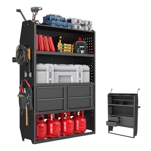 MELIPRON Adjustable Van Shelving with Lockable Drawers, 42"W x 60"H x 13"D Shelves for Cargo Vans, Shelves Storage Fit for Ford Transit, RAM ProMaster, Chevy Express, Nissan NV, Sprinter Mid/High Roof