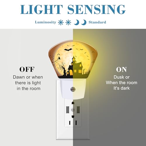 Image of Halloween Horror Castle Night Light for Kids Girls Boys, Halloween Full Moon LED Night Light Plug into Wall with Dusk to Dawn Sensor for Bedroom, Hallway, Kitchen, Bathroom, Stairs Decor