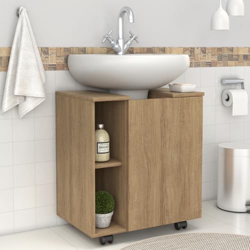 Opiniones de Lavabos de pedestal para comprar online. 41 MOBI Mueble de Baño Limay – 1 Puerta 3 Entrepaños Color Miel - Largo 55cm x Alto 63cm – Incluye Ruedas.