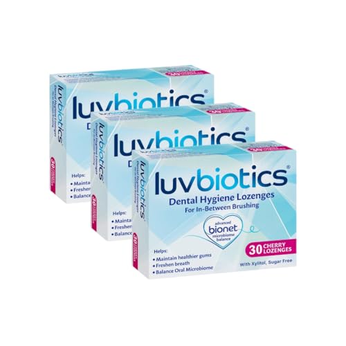 Luvbiotics Pastillas de Cereza con Probióticos y Xilitol que Promueven las Buenas Bacterias para Encías Saludables, Aliento Fresco Protección contra Caries. Pack de 3