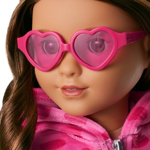 Image of American Girl Truly Me 18-inch Doll #131 with Brown Eyes, Straight Blonde Hair, Light-to-Medium Skin + Pink Hearts Hoodie Dress with Sunglasses, for 18-inch Dolls, Ages 6+ Bundle