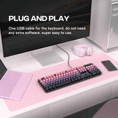Image of MOFII Computer Keyboard Wired,Round Key Retro Typewriter Keyboard Full Size | USB Plug and Play, for Laptop, PC, Desktop, Windows (Plum Pink Gradient Color)