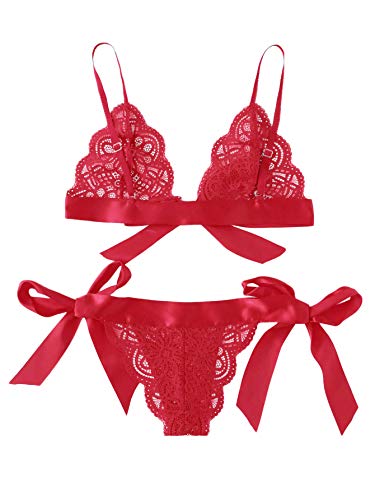 SweatyRocks Women's Sexy Floral Lace Scalloped Trim Self Tie Panty Mesh Lingerie Set Red Medium