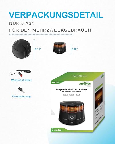 Agrieyes Rundumleuchte Akku mit Fernbedienung, 12V Gelbe Warnleuchte Auto Magnet mit Saugnapf, LED Batterie Warnlicht fürs traktor, Schnurlos Rundumleuchte fürs Traktor KFZ LKW
