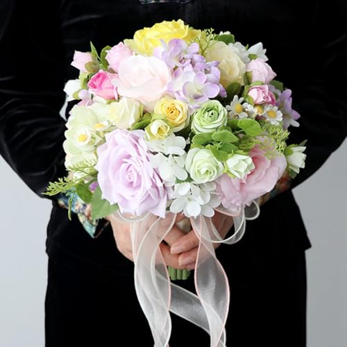 Ramos de boda de flores artificiales en tonos morados y rosas para novia y damas 7