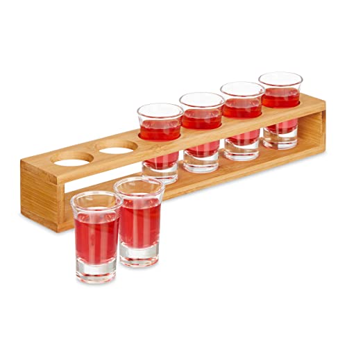 Relaxdays Schnapsbrett, mit 6 Schnapsgläsern, 4 cl, Schnapslatte aus Bambus, Geschenkidee, Schnapsglashalter, Natur