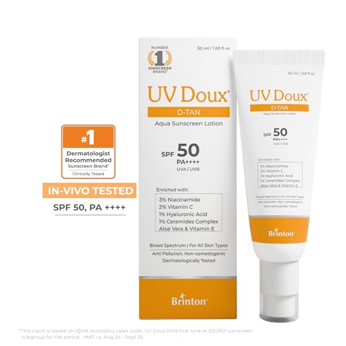 Image of UV Doux D-Tan Aqua Sunscreen Lotion SPF 50 PA++++ | With Niacinamide, Vitamin C, Hyaluronic Acid, Ceramide, Aloe Vera & Vitamin E | Broad Spectrum | Benzene-Free | For Dry & Sensitive Skin | 50 ml