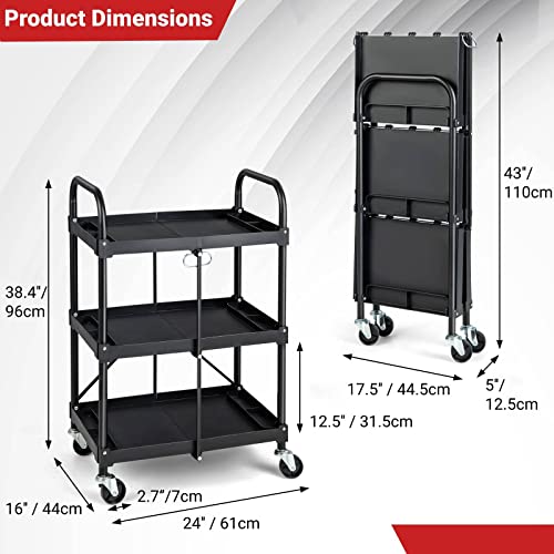 IRONMAX Folding Service Cart with Wheels, Heavy Duty Metal 3 Tier Foldable Utility Cart w/Universal Wheel & Compartments, Collapsible Tool Push Cart for Home Garage Office