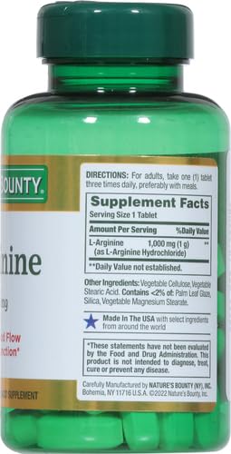 Nature’s Bounty L-Arginine 1000mg for Supporting Blood Flow and Vascular Function – Non-GMO, Gluten Free, 50 Tablets: Unflavored 50 Count (Pack of 3)