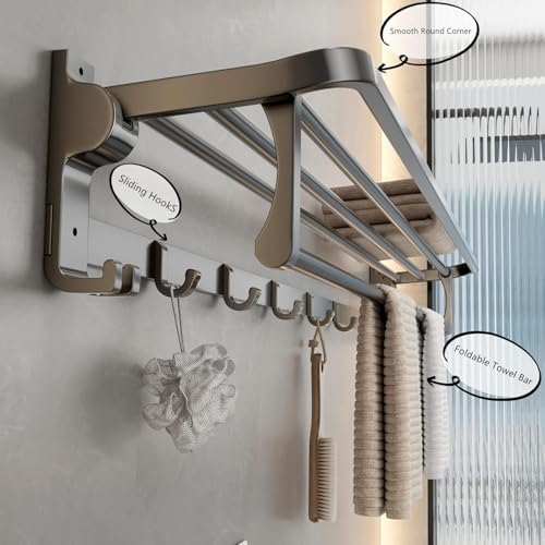 Image of Towel Holder in Bathroom Towel Hanger for Wall Bathroom Towel Rack with Towel Bar and Hooks 60cm Foldable Towel Rod Wall Mounted Lavatory Towel Stand Gray Finish