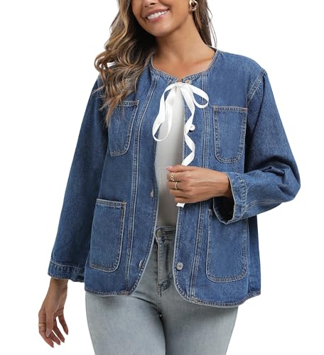 Ladyful Womens Collarless Denim Jacket Trendy Long Sleeve Jean Jacket Casual Button Down Denim Shacket3