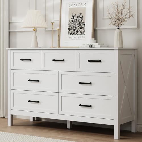 LYNSOM Farmhouse 7 Drawers Dresser for Bedroom, Wood Rustic Wide Chest of Drawers with Deep Drawers, Metal Handle, Storage Dressers Organizer for Hallway