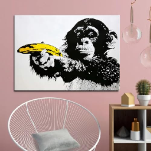 Tableau street art singe avec banane | Impression sur toile 65x130 cm