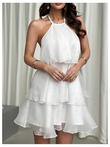 Floerns Women's Elegant Tie Backless Halter Chiffon Dress Sleeveless Tiered A Line Ruffle Hem Flowy Mini Dresses3