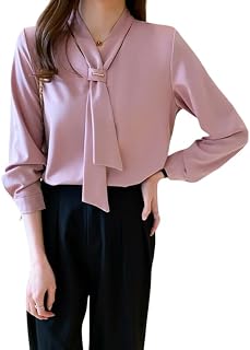 PINKHUB Women's Long Sleeve Bow-Tie Blouse, V-Neck Professional Office Top, Dusty Pink Price In India