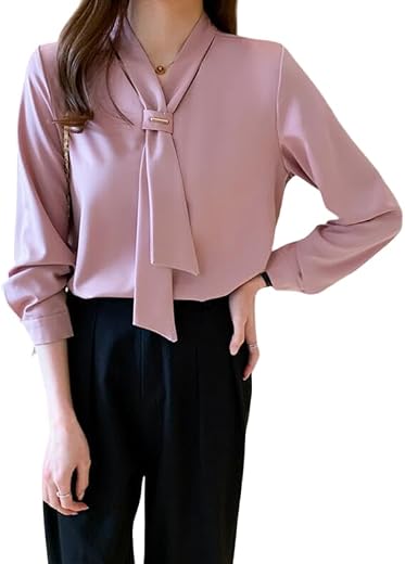 PINKHUB Women's Long Sleeve Bow-Tie Blouse, V-Neck Professional Office Top, Dusty Pink