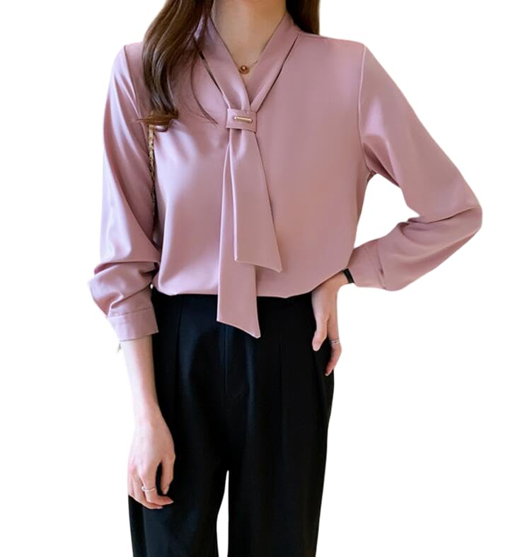 key occean Women's Elegant Tie-Neck Blouse, Long Sleeve Professional Office Top, White and Pink, Business Casual Style-picture-14