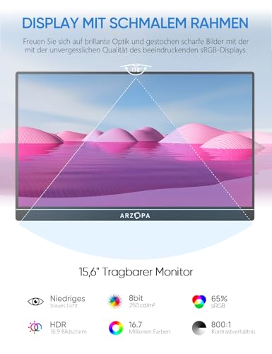 ARZOPA Tragbarer Monitor, 15,6" 1920×1080 FHD IPS Portabler Monitor für Laptop mit Einer Stütze, Ultra-Dünner Zweitbildschirm für Laptop/PC/Mac/PS3/4/5/Xbox - USB C & HDMI Anschluss - A1 – Bild 4