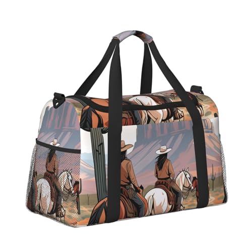 West Desert Cactus with Cowboys Riding Horses Print Travel Duffle Bag - Foldable Personal Item Travel Bag for Women & Men,13x10.2x19.73
